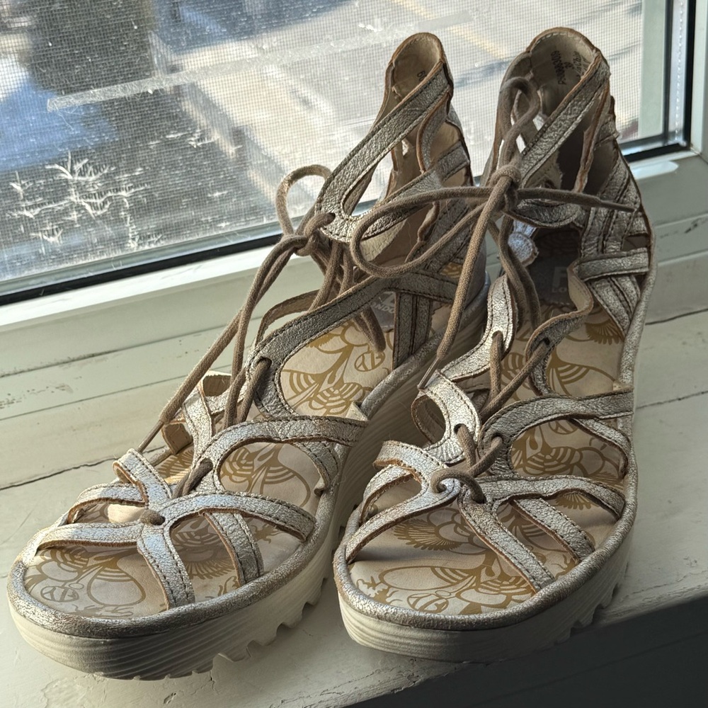 Fly London Silver Metallic Wedge Heel with Laces